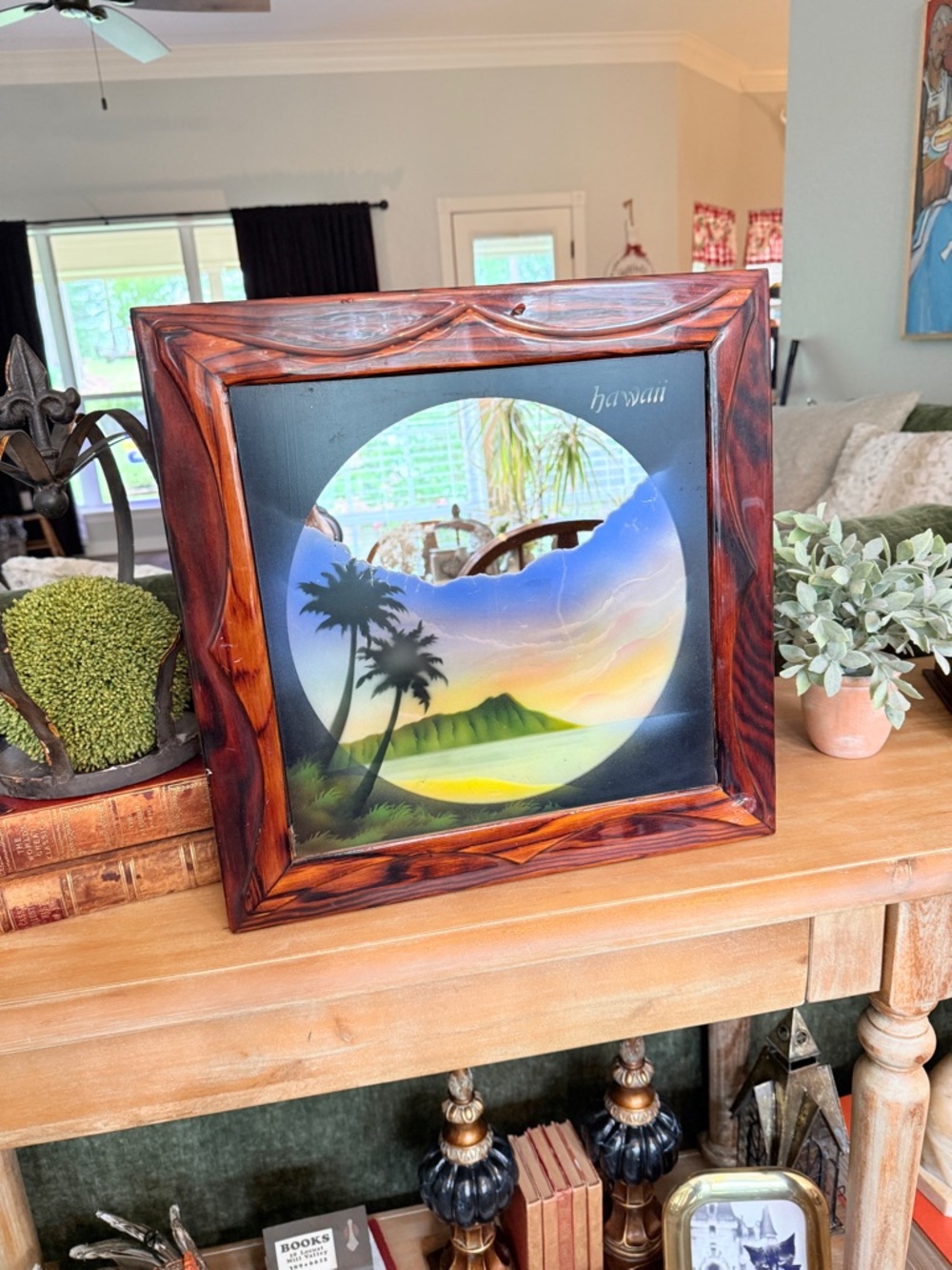 Vintage Hawaii Sunset Wall Art Mirror in Wood Frame